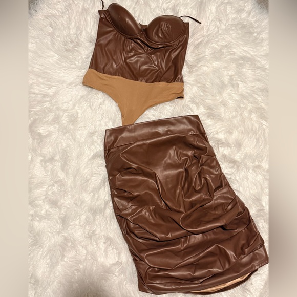 JLUXLABEL Dresses & Skirts - JLuxLabel Faux Leather Bustier Top + Ruched Skirt Set | Brown Matching Set